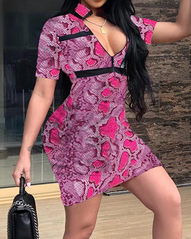 

Plunge Snakeskin Print Bodycon Dress, Pink