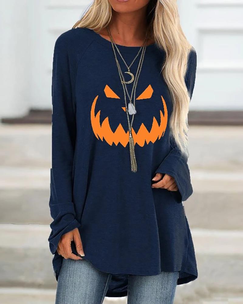 

Halloween Pumpkin Face Print Casual Top, Dark blue