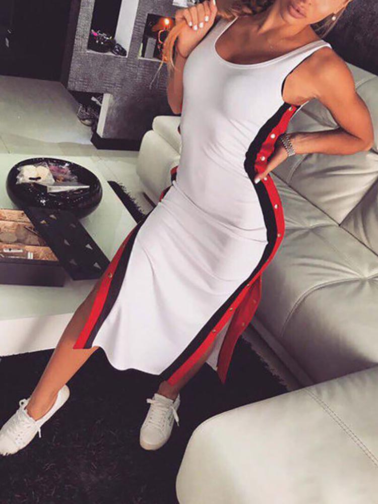 

Striped Tape Split Button Side Bodycon Dress