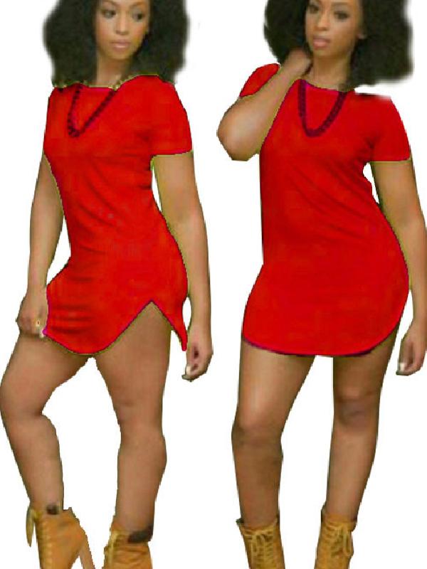 

Hot Women's Fashion Solid Color Sexy Short Sleeve Loose Plus Size Slim Dress, Red