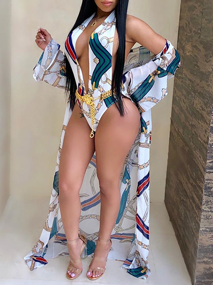 

Chain Print Halter Plunge Bikini With Cover Up, Multicolor