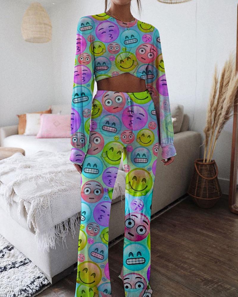

Emoji Pattern Two-Piece Lounge Set, Multicolor