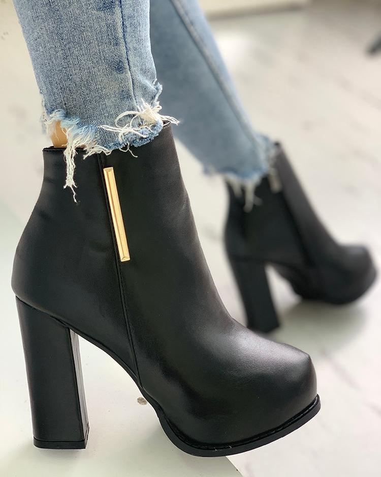 

PU Metallic Embellished Platform Chunky Heeled Boots