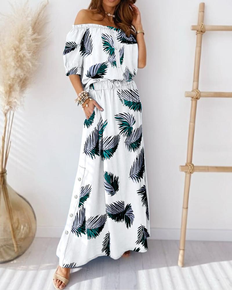 

Leaf Print Off Shoulder Button Top & Skirt Sets, White