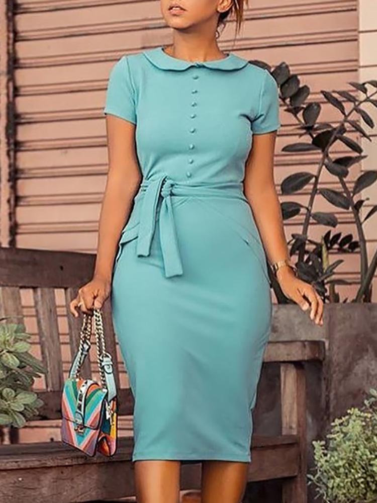 

Peter Pan Collar Button Design Belted Midi Dress
