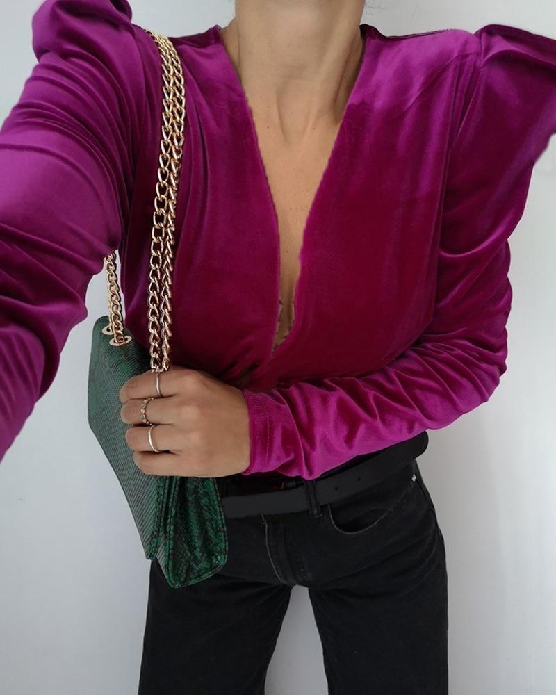 

Solid Plunge Puff Sleeve Ruched Blouse