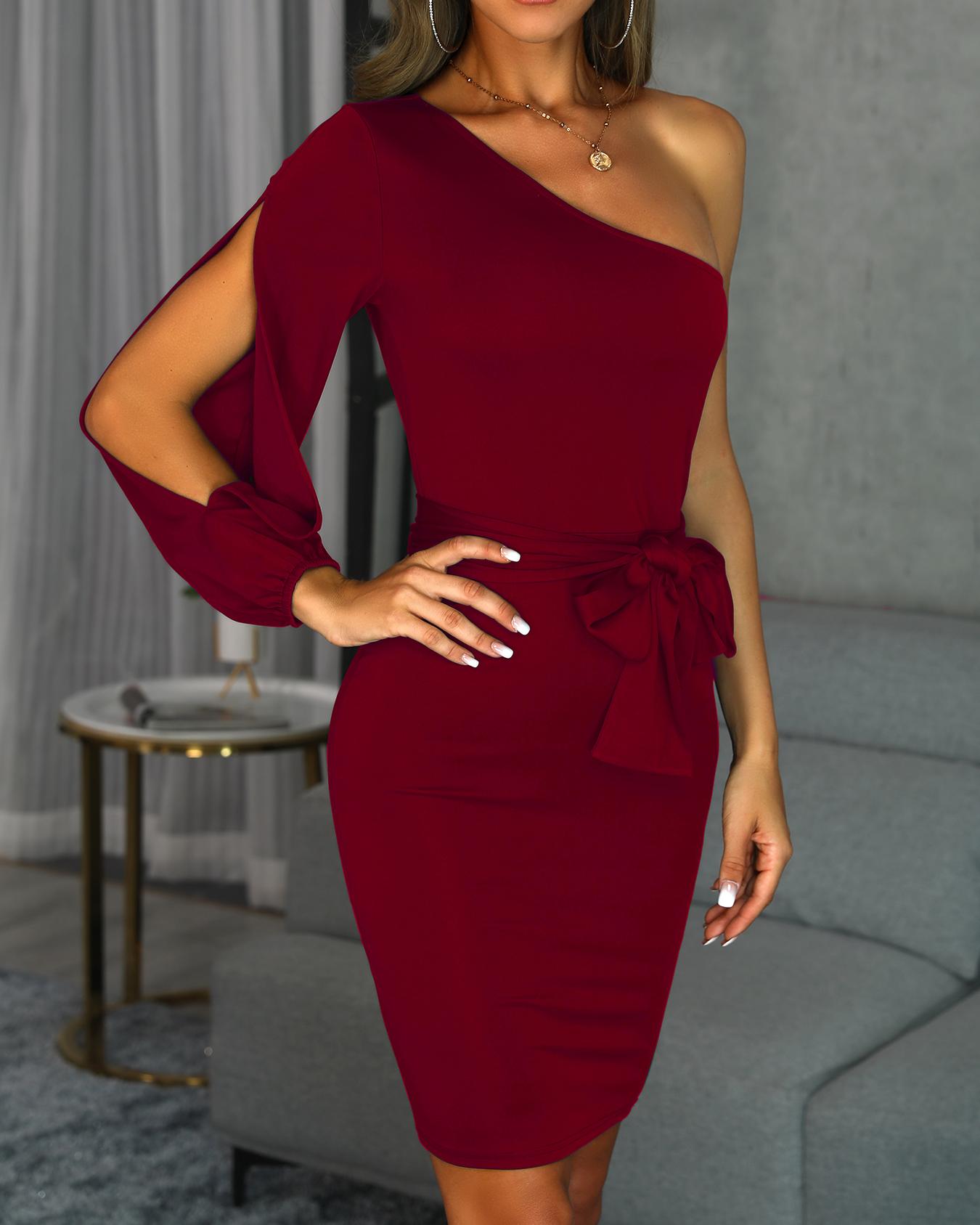 

One Shoulder Slit Sleeve Bodycon Dress, Wine red