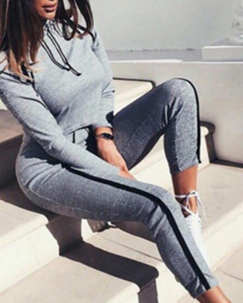 

Drawstring Colorblock Tape Insert Sporty Top & Pants Sets, Gray