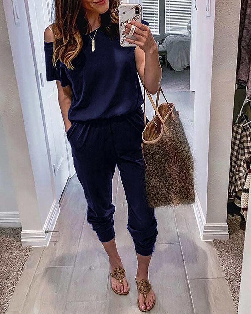 

Solid One Shoulder Pocket Detail Jumpsuit, Dark blue