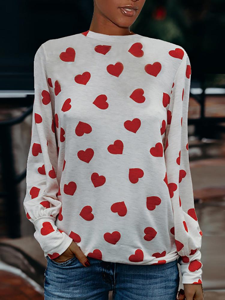 

Heart Shape Print Long Sleeve Loose T-shirt, White