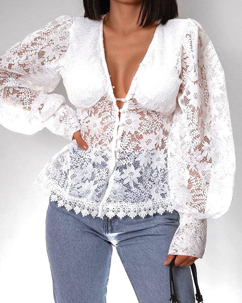 

Crochet Lace Plunge Lantern Sleeve Blouse, White