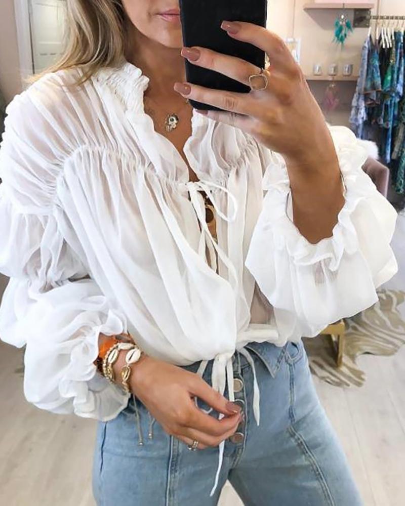 

Solid Ruched Mesh Tied Casual Blouse, White