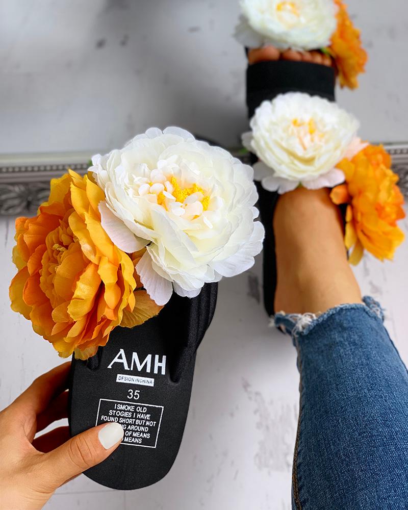 

Flower Embellished Platform Muffin Sandals, Black