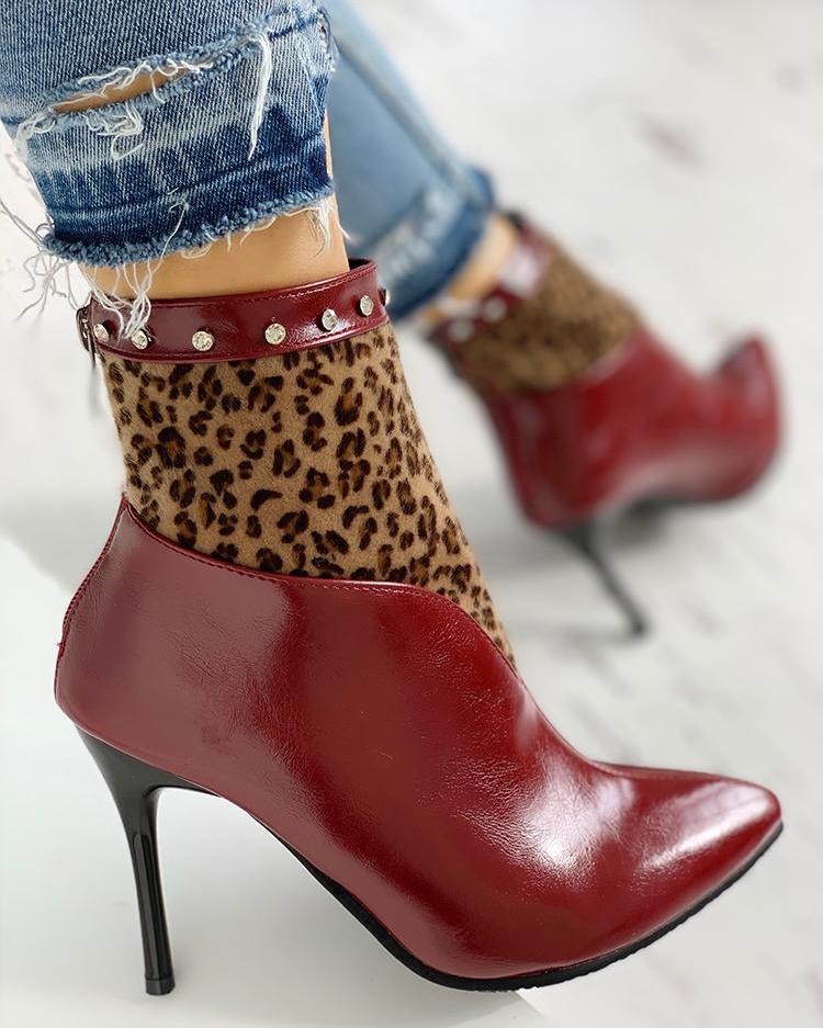 

Leopard Insert Thin Heeled Boots, Wine red