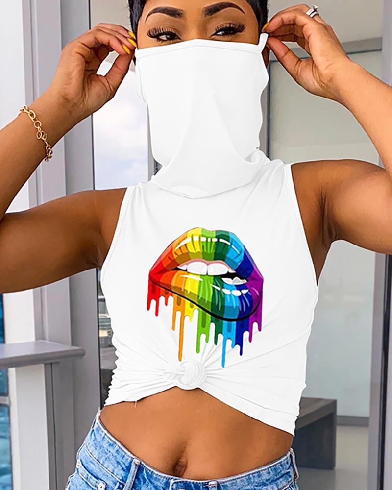 

Lip Print Tank Top With Ear Loop Bandana, White