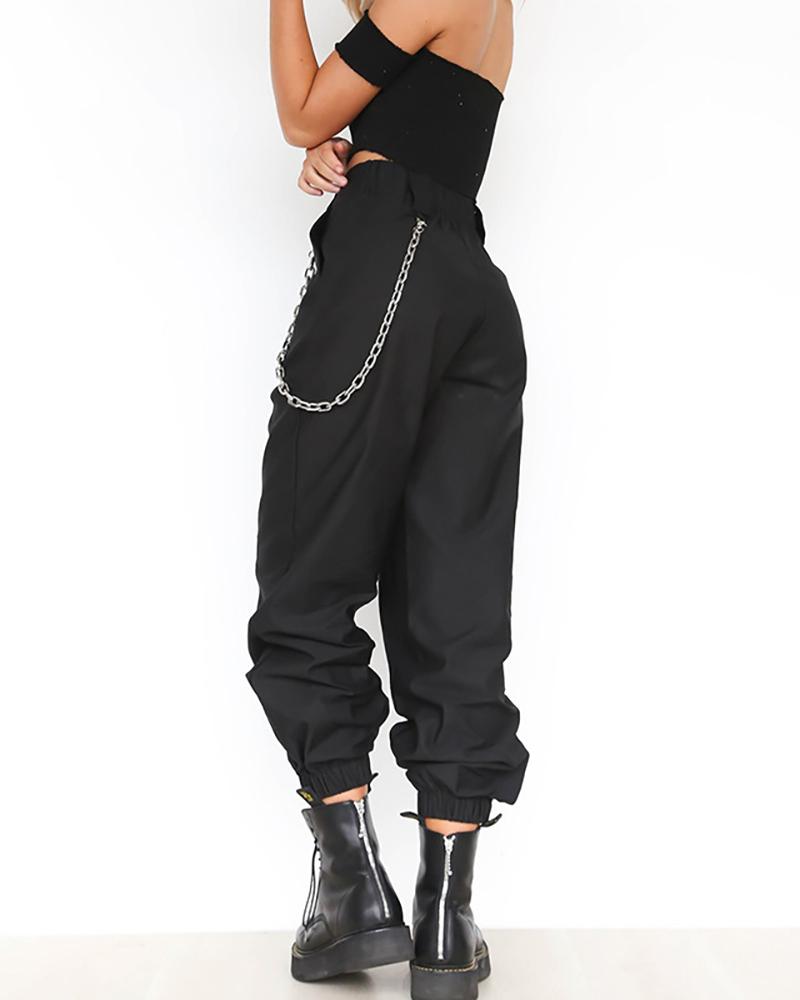 

High Waist Solid Pocket Design Casual Pants, Black