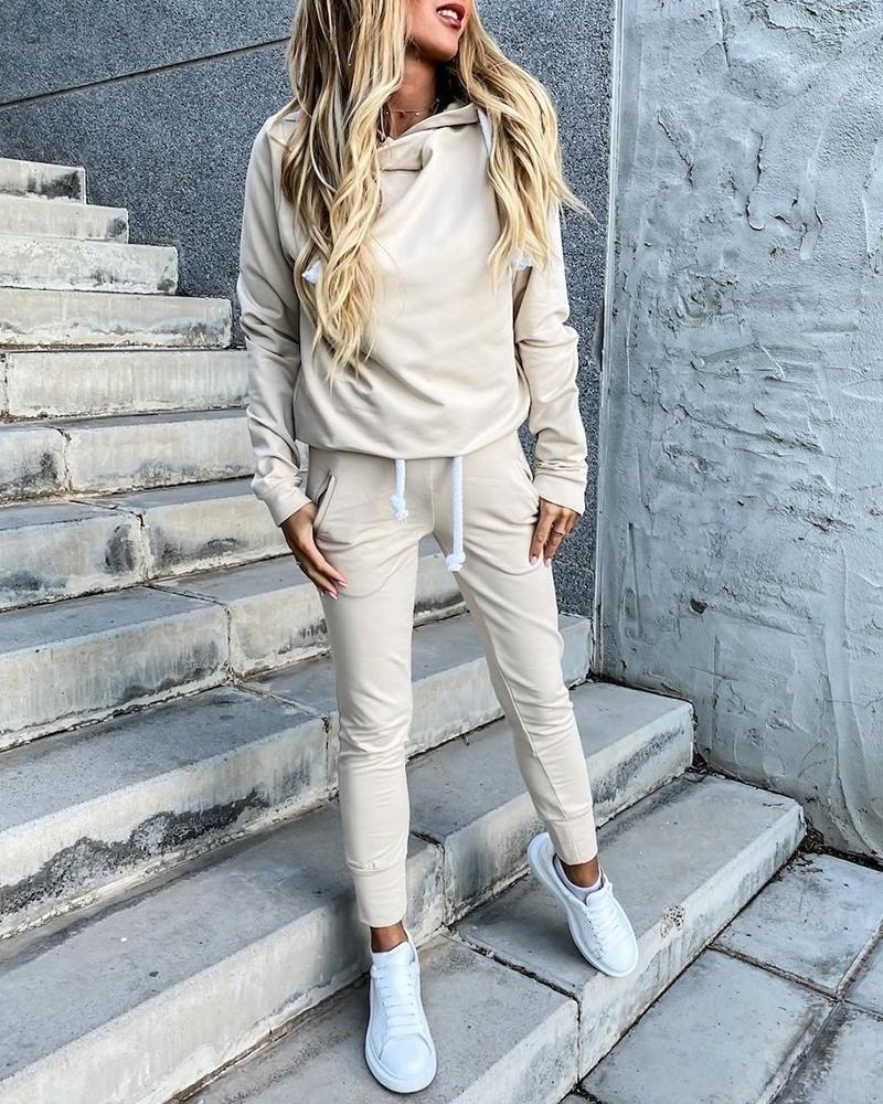 

Solid Hooded Casual Top & Drawstring Pocket Design Pants Set, Beige