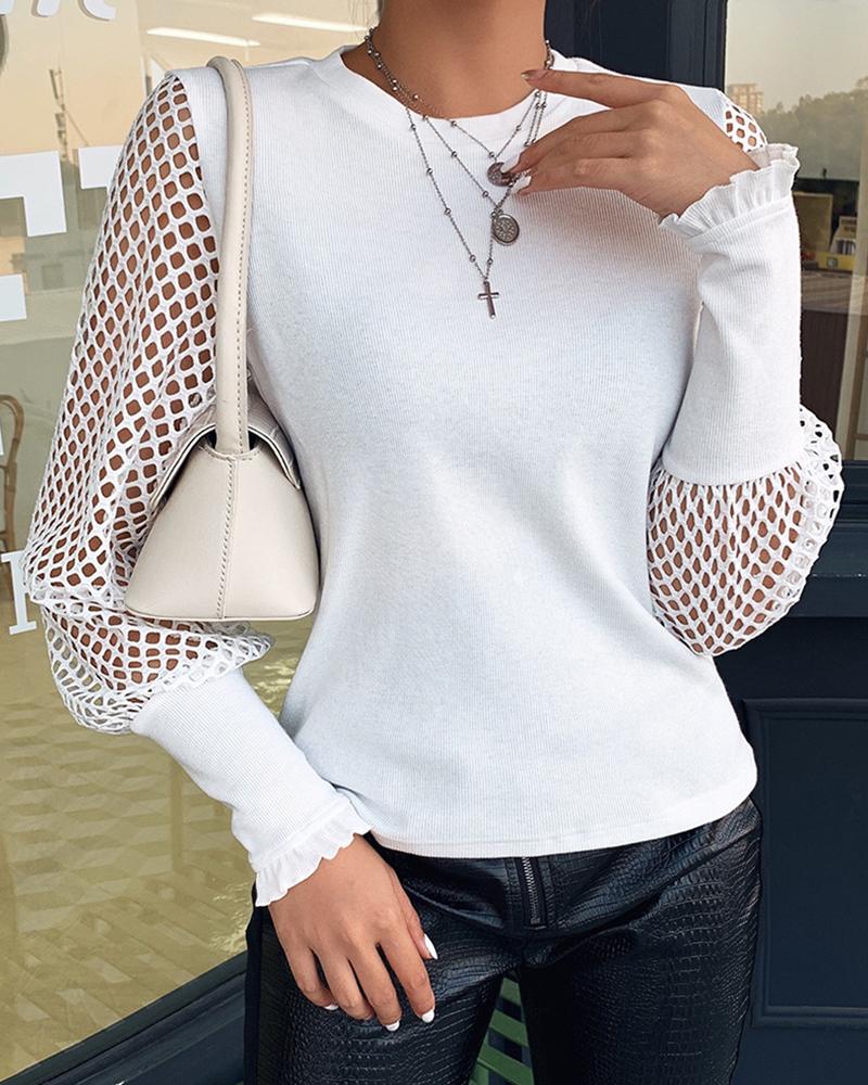 

Fishnet Sleeve Frill Hem Blouse, White