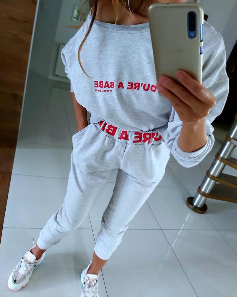 

Letter Print Long Sleeve Casual Top & Pants Set, Gray