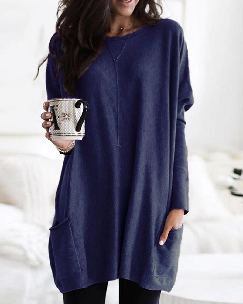 

Solid Long Sleeve Longline Pocket Blouse, Dark blue