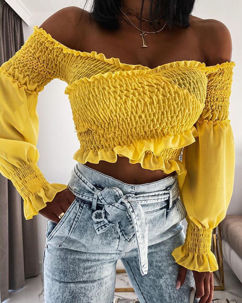 

Off Shoulder Shirring Ruffles Blouse, Yellow