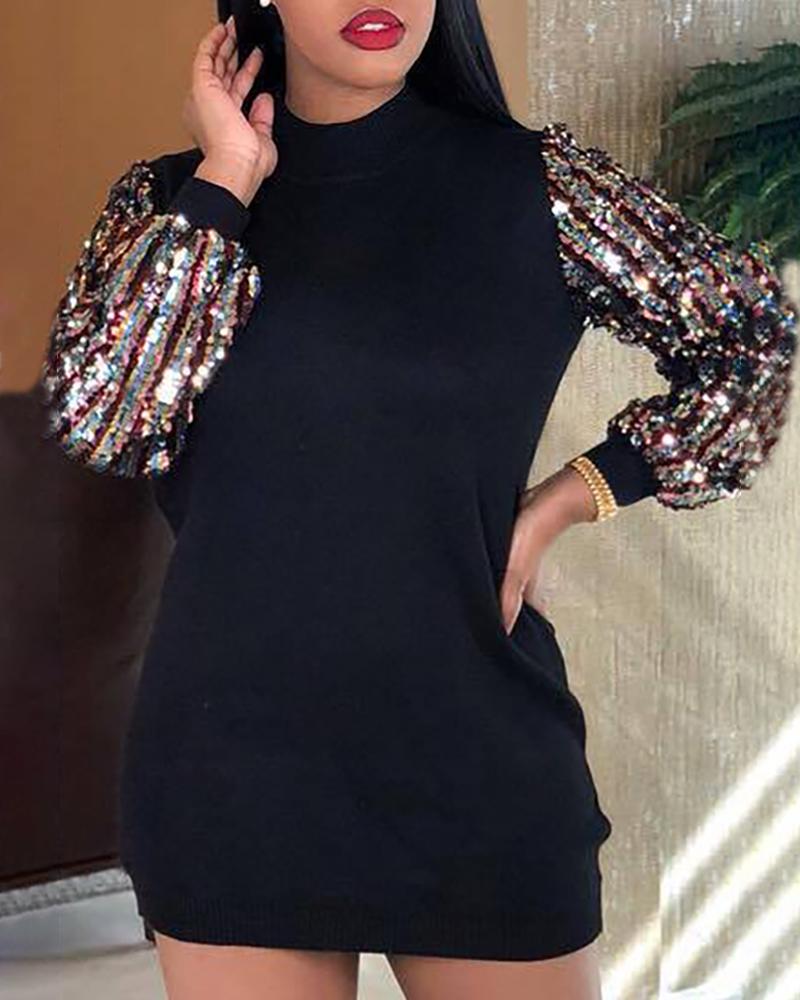 

Mock Neck Sequins Insert Long Sleeve Bodycon Dress, Black