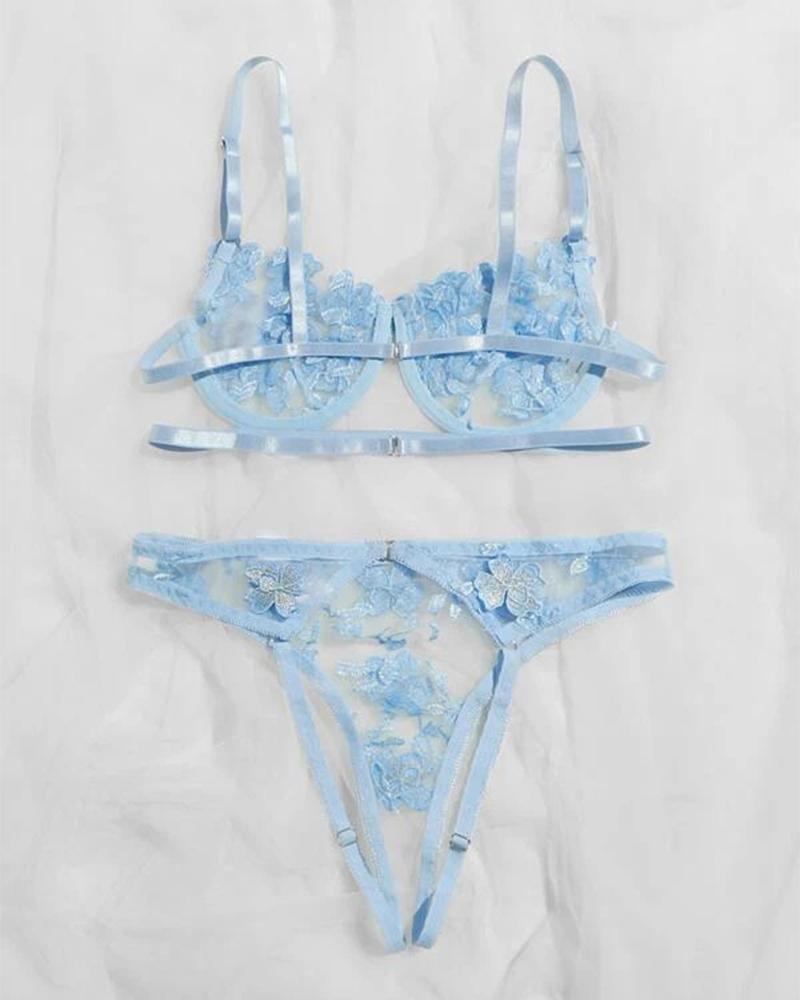 

See-through Splicing Butterfly Flower Embroidery Sling Bra Sets, Blue