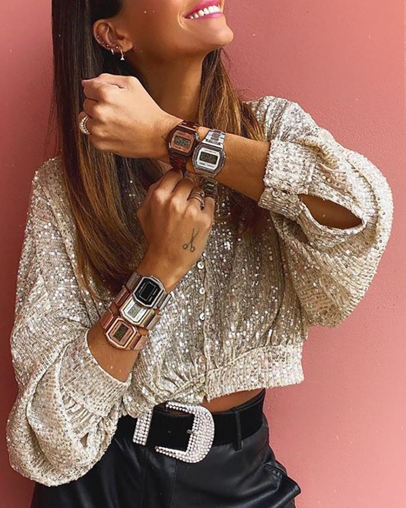 

Sequin Buttoned Lantern Sleeve Blouse, Champagne