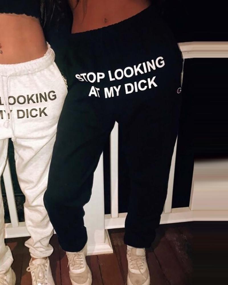 

Letter Print Drawstring Casual Pants, Black