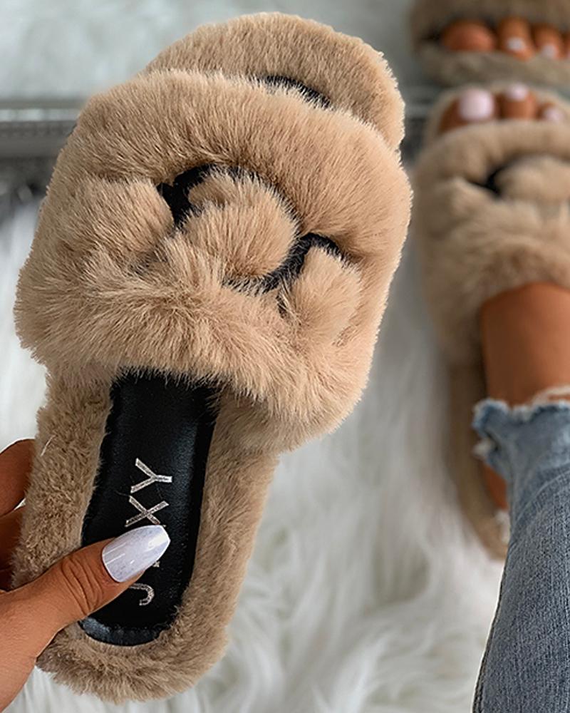 

Letter Pattern Open Toe Fluffy Slippers, Brown