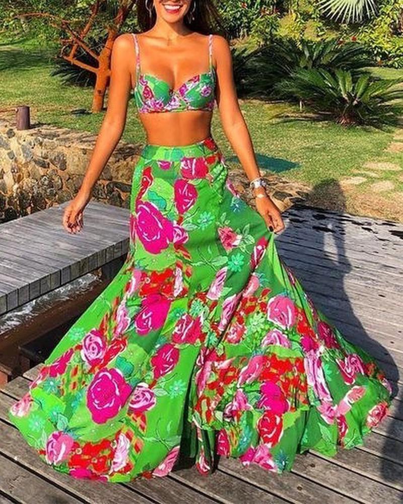 

Print Floral Maxi Two-Piece Set, Green