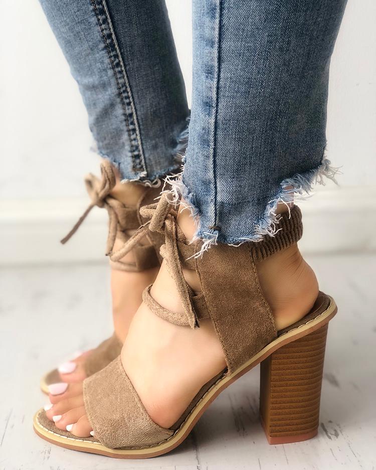 

Suede Lace-Up Slingback Chunky Heeled Sandals, Khaki