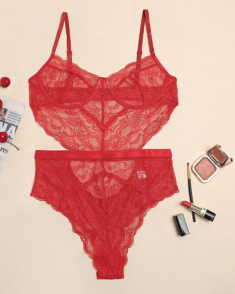 

Cutout Backless Floral Lace Teddies, Red