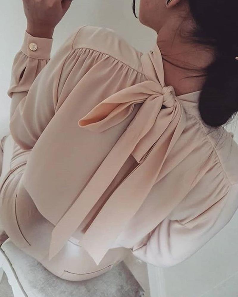 

Solid Tied Ruched Casual Blouse, Pink