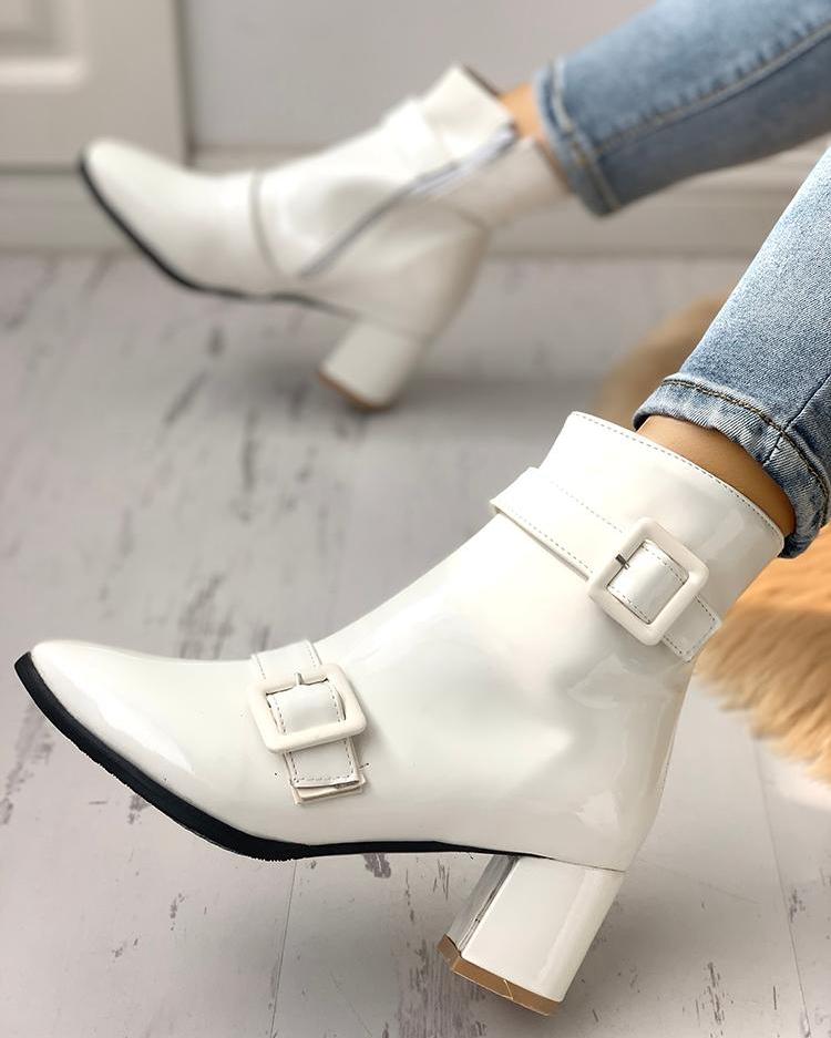 

PU Buckle Design Chunky Heeled Boots, White