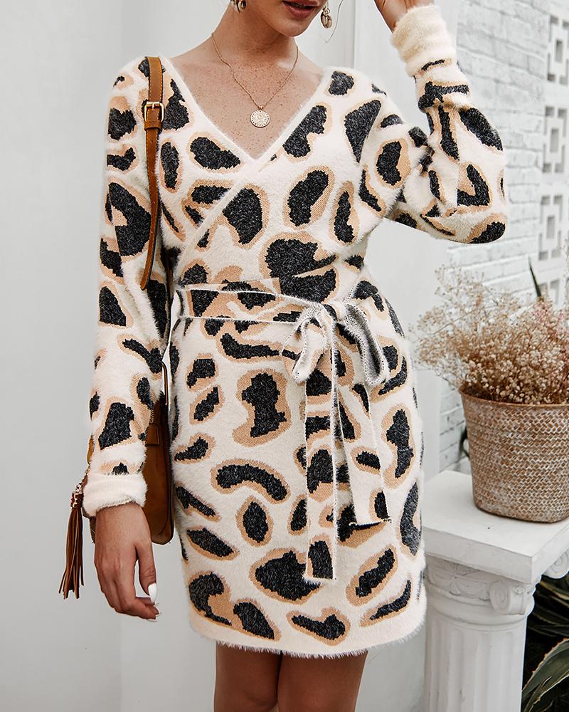 

Cheetah Print Fluffy Long Sleeve Dress, Apricot