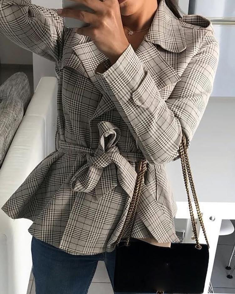 

Plaid Print Flounced Hem Belted Coat, Gray