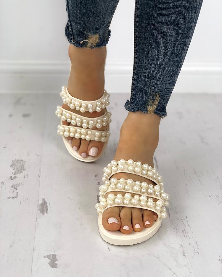 

Shiny Embellished Thick Strap Flat Sandals, Apricot