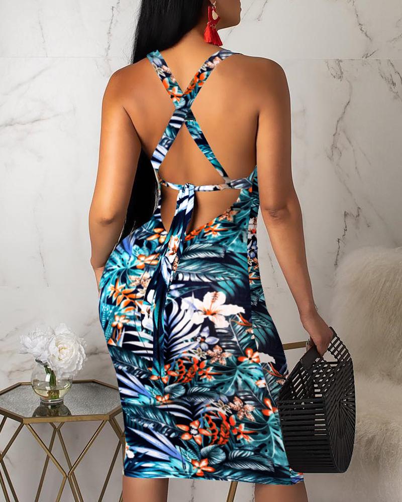 

Tropical Print Crisscross Tied Back Bodycon Dress, Blue