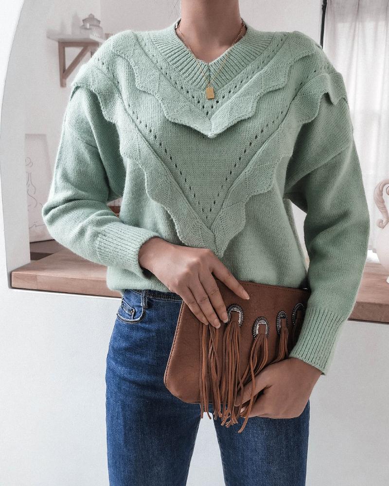 

Wave Trim Hollow Out Knit Sweater, Green