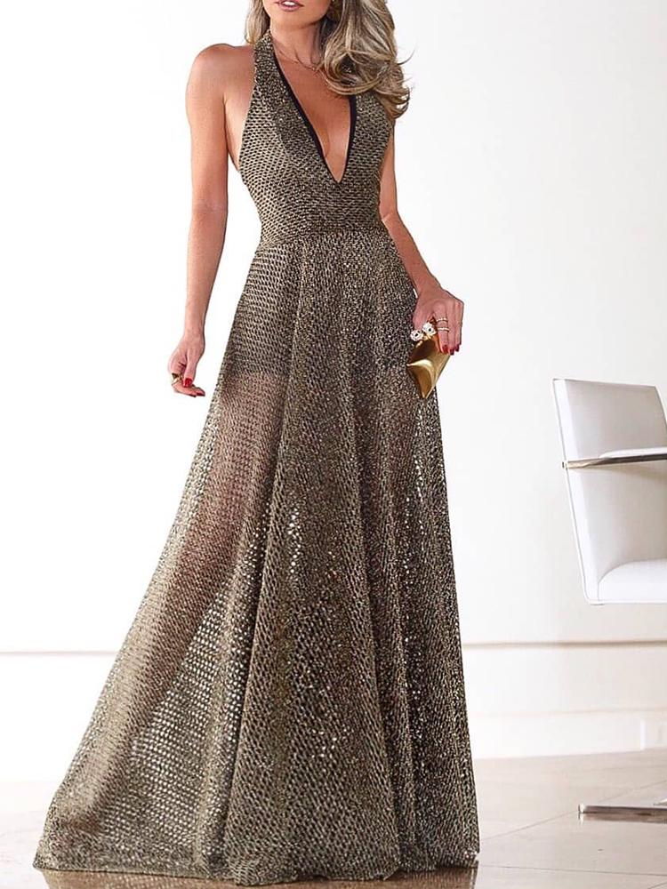 

Plunge Halter Neck Solid Maxi Evening Dress, Gold