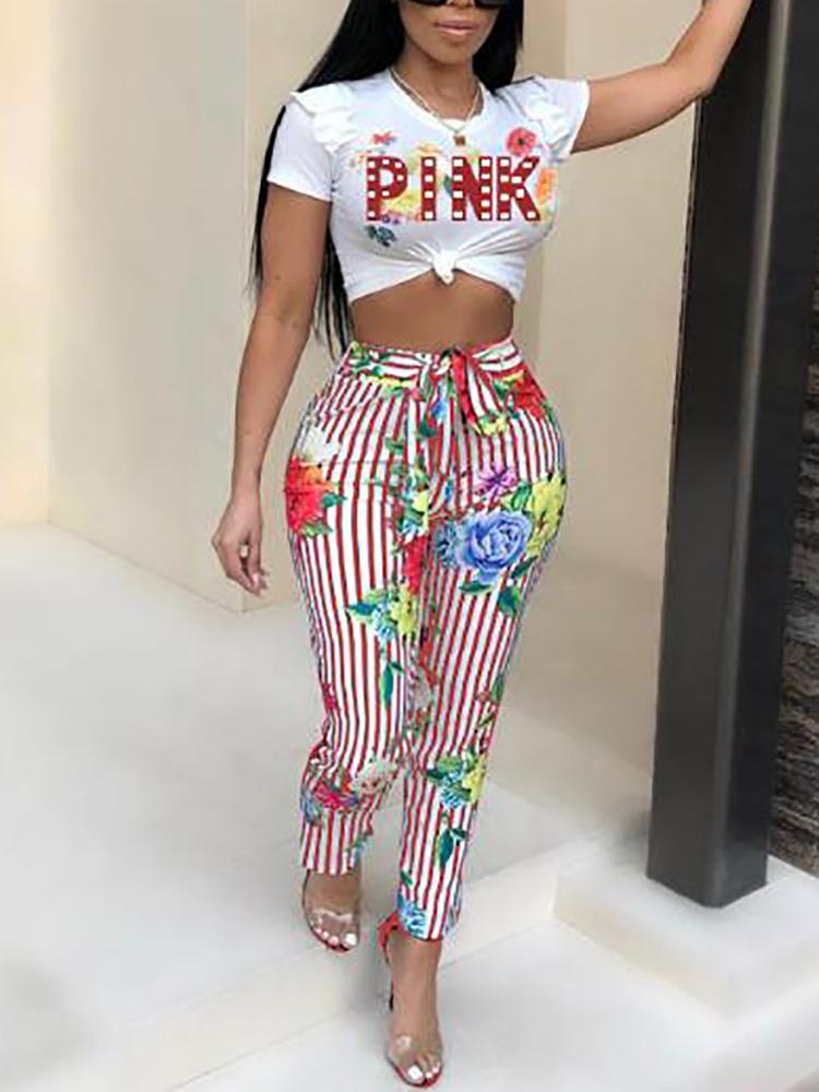 

Floral Letter Print Striped Tied Waist Pants Set