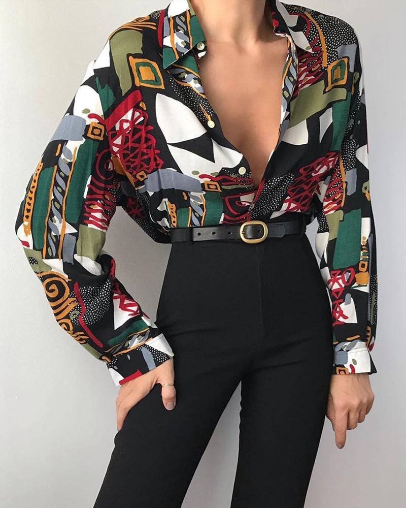 

Random Print Turn-Down Collar Shirt, Multicolor