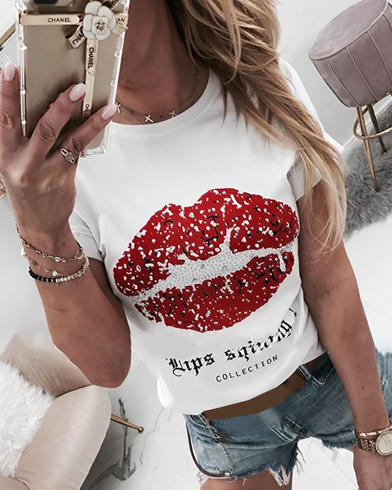 

Lip Print Short Sleeve T-shirt, White