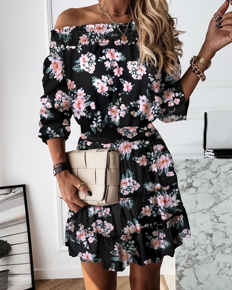 

Floral Print Off Shoulder Frill Hem Ruched Dress, Black