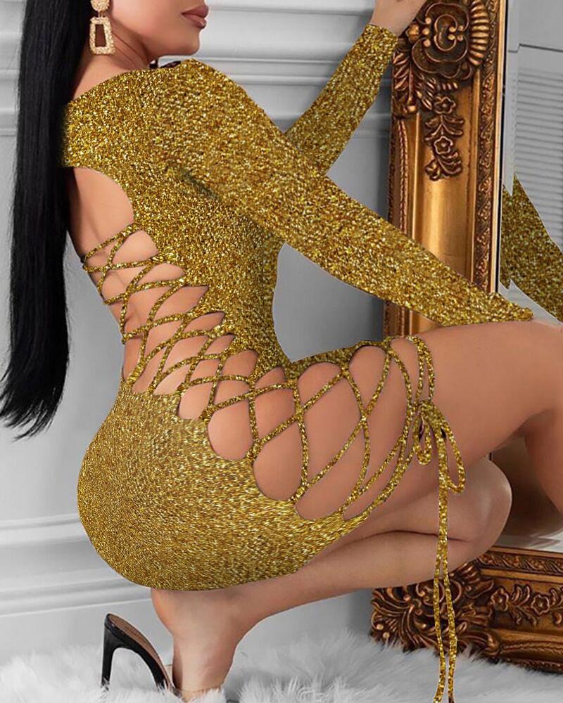 

Glitter Lace-up Side Long Sleeve Party Dress, Gold