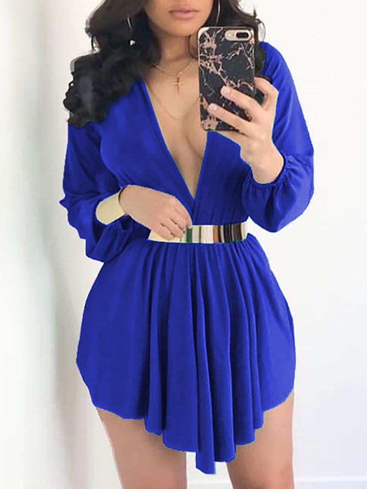 

Asymmetrical Pleated Drawstring Waist Plunge Dress, Blue