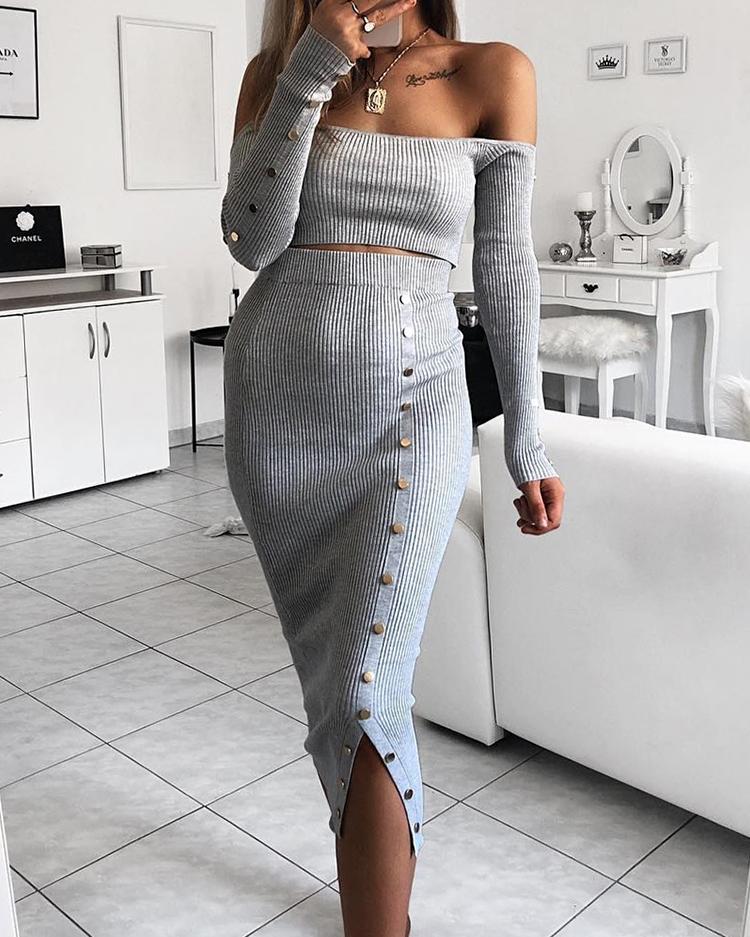 

Button Design Off Shoulder Crop Top & Skirt Sets, Gray
