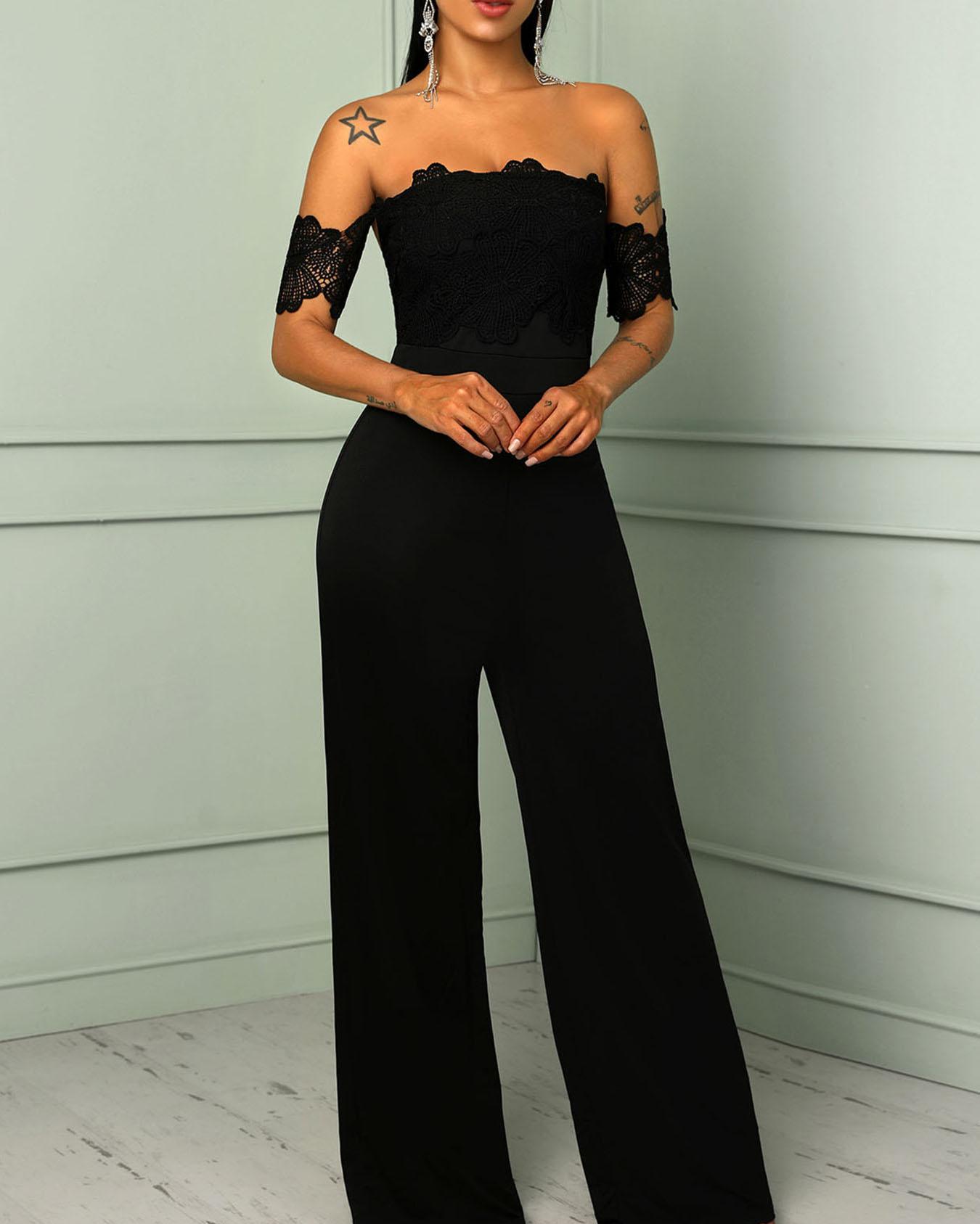 

Lace Splicing Off Shoulder Wide Leg Jumpsuits