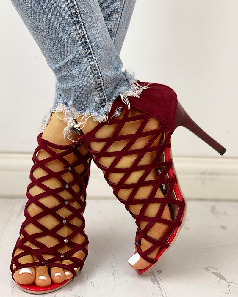 

Peep Toe Hollow Out Thin Heeled Sandals, Wine red